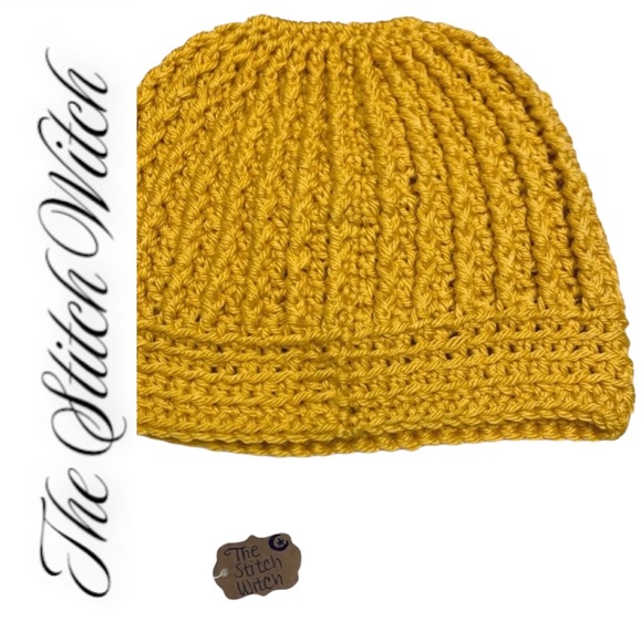 🔥SOLD🔥 Crochet Mustard Yellow Messy Bun Ponytail Beanie - Picture 8 of 14